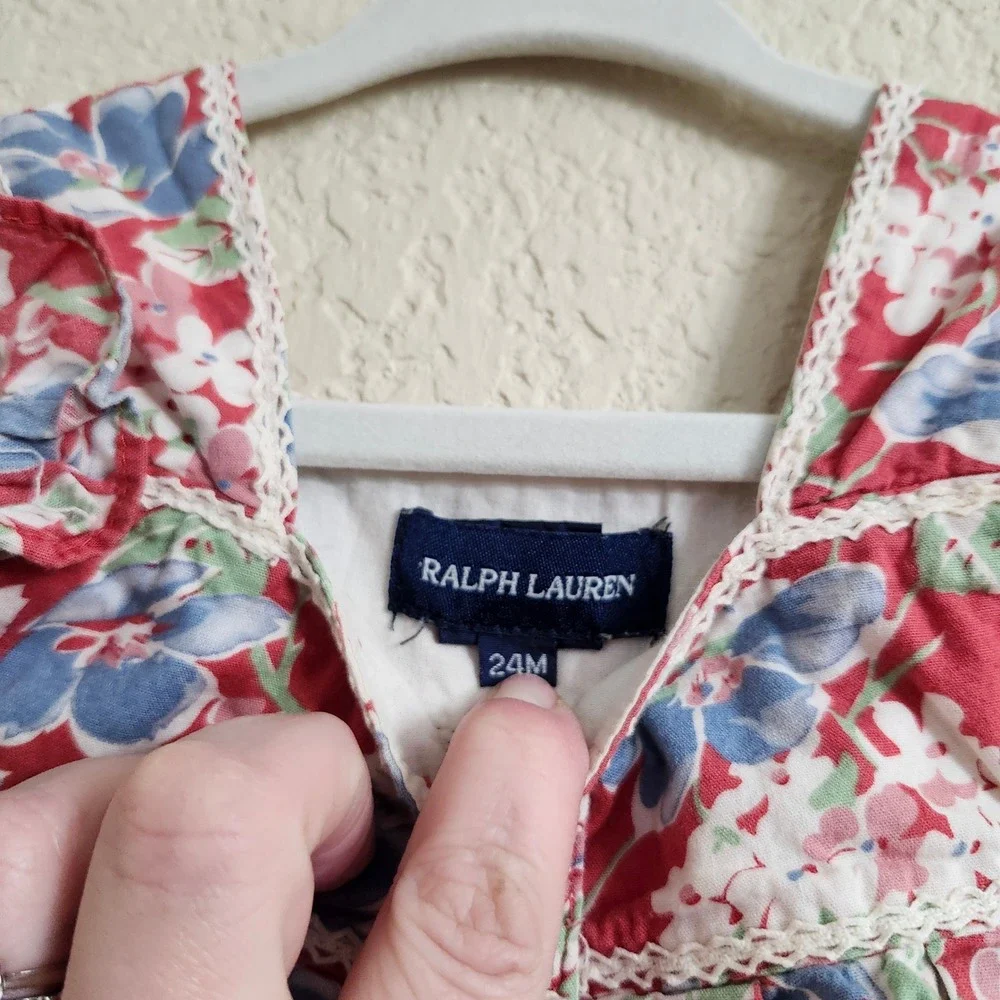 Ralph Lauren Size 24 Months Kid Red Floral Falmouth 100% Cotton Lace Trim Ruffle